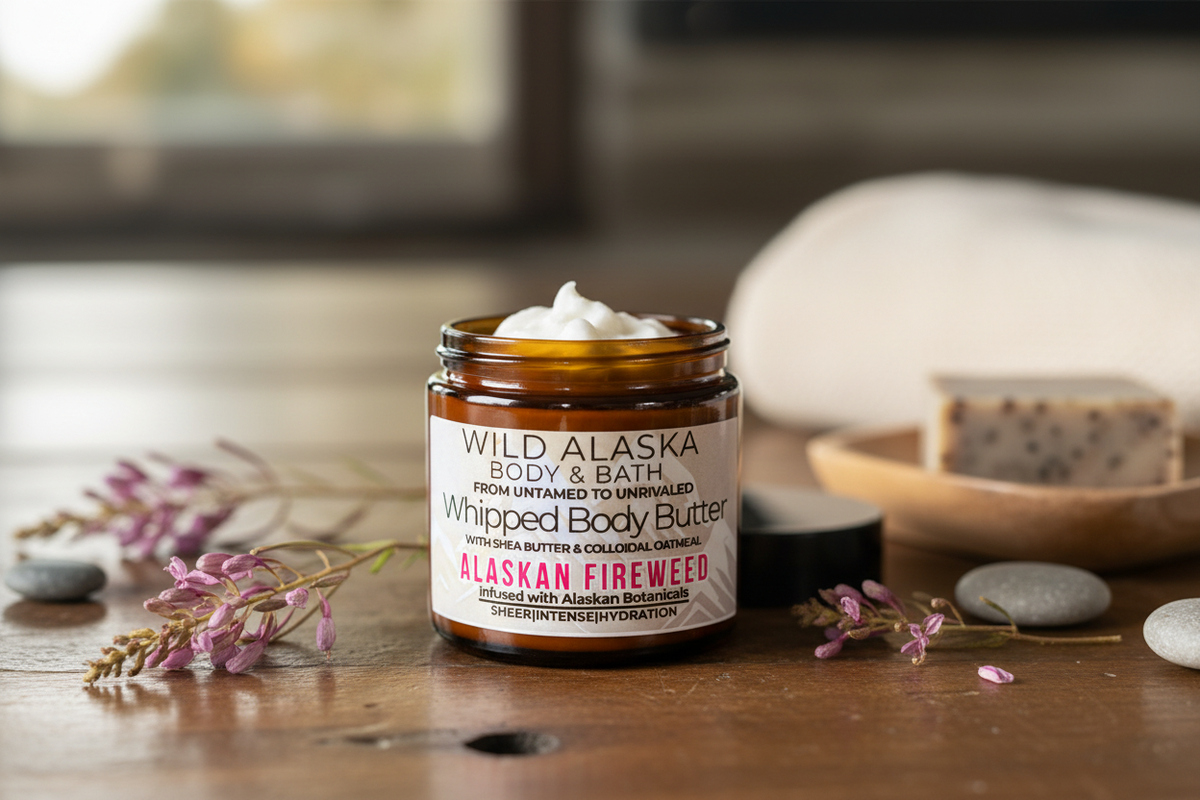 Alaskan Glow Whipped Body Butter on rustic bathroom counter